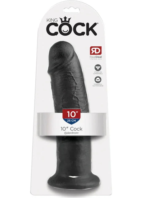 Schwarzer 25 cm king cock dildo mit realistischer hautstruktur und abgerundetem sockel in weißer kartonverpackung