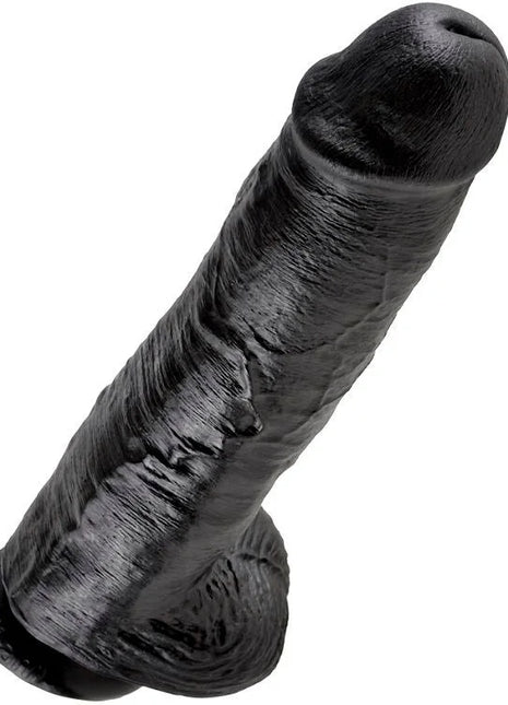 Schwarzer texturierter silikon dildo king cock 11 mit eier 28 cm detailaufnahme