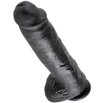Schwarzer texturierter silikon dildo king cock mit realistischem design und abgerundetem boden 28 cm lang