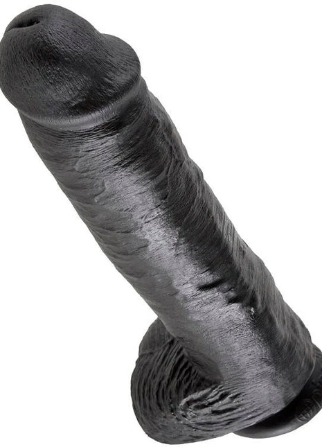 Schwarzer texturierter silikon dildo king cock mit realistischem design und abgerundetem boden 28 cm lang