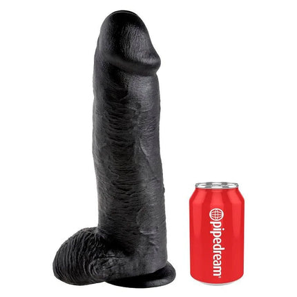 Schwarzer silikon dildo king cock 30,48 cm mit realistischer struktur und basis neben rotem pipedream can für maßstab