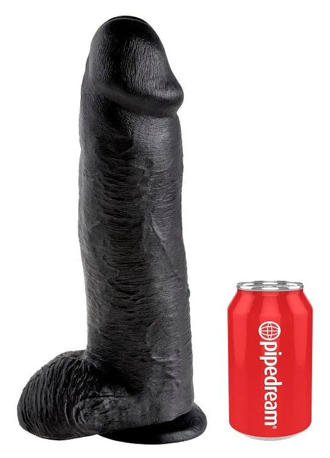 Schwarzer silikon dildo king cock 30,48 cm mit realistischer struktur und basis neben rotem pipedream can für maßstab
