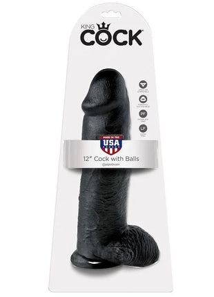 Schwarzer 12 zoll phallusförmiger dildo mit eiern aus silikon in weißem king cock karton verpackt