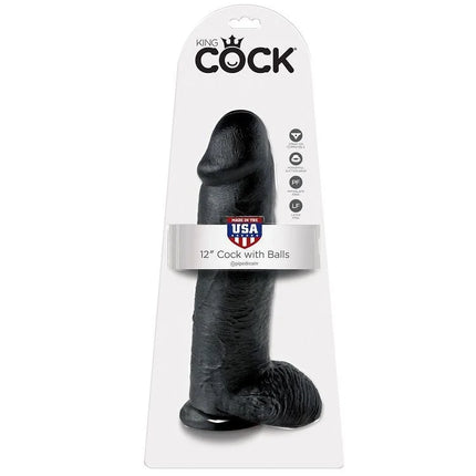 Schwarzer 12 zoll phallusförmiger dildo mit eiern aus silikon in weißem king cock karton verpackt