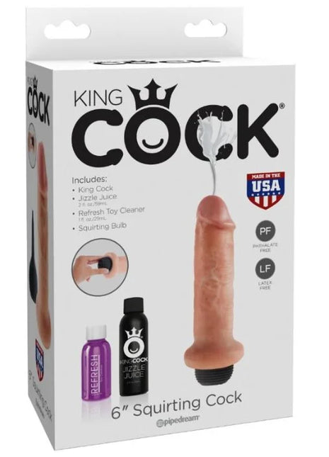 6-zoll pfirsichfarbener silikon spritzender squirt toy mit schwarzer basis und crown logo verpackung king cock