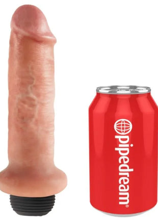 Pink silikon dildo mit schwarzem gewindebasis neben roter pipedream dose im produkt king cock 15,24 cm spritzender hahn