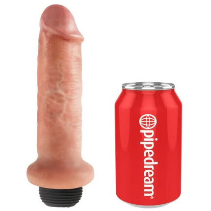 Pink silikon dildo mit schwarzem gewindebasis neben roter pipedream dose im produkt king cock 15,24 cm spritzender hahn