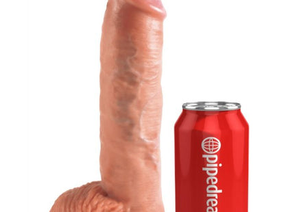 Peachfarbener silikon hohles strap-on system king cock 25,5 cm neben roter pipedream soda dose