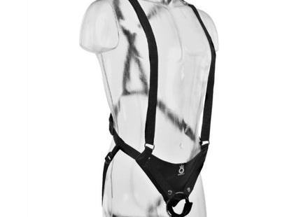 Schwarzes ledergeschirr mit verstellbaren riemen und zentralem ring im king cock 25,5 cm hollow strap-on suspender system flesh