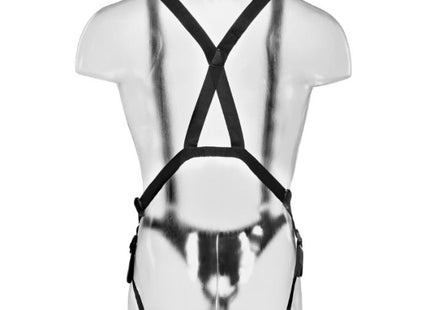 Schwarzes king cock 25,5 cm hollow strap-on suspender system mit verstellbaren trägern und zentralem rückenkreuz