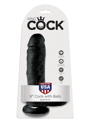 Schwarzer 8 zoll dildo mit hoden von king cock von pipedream in weißer blisterverpackung 20 3 cm lang