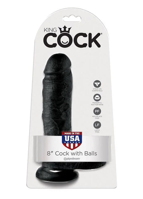 Schwarzer 8 zoll dildo mit hoden von king cock von pipedream in weißer blisterverpackung 20 3 cm lang