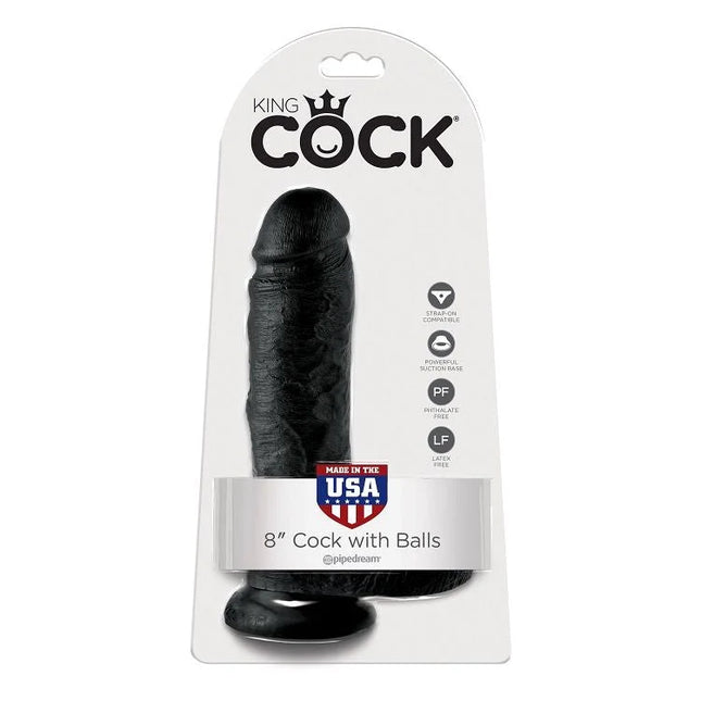 Schwarzer 8 zoll dildo mit hoden von king cock von pipedream in weißer blisterverpackung 20 3 cm lang