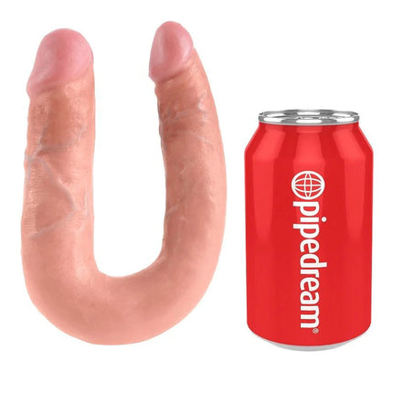 Pink silikon u-förmiger doppeldildos 13,9 cm natürlich neben rotem pipedream can für größenvergleich