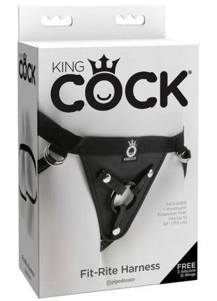 Schwarzes king cock fit rite harness mit silbernen metallschlaufen und verstellbaren riemen