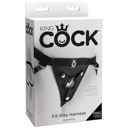 Schwarzes king cock fit rite harness mit silbernen metallschlaufen und verstellbaren riemen