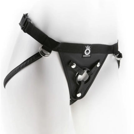 Schwarzer kingcock fit rite harness aus leder mit metallschleifen und verschlüssen für sicheren halt
