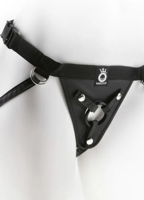 Schwarzer kingcock fit rite harness aus leder mit metallschleifen und verschlüssen für sicheren halt