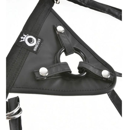 Schwarzes kingcock fit rite harness mit zentralem ring und silberfarbenen metallbeschlägen
