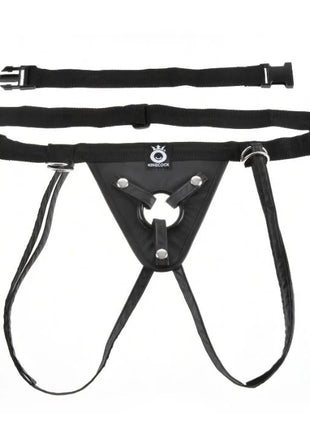 Black leather king cock fit rite harness with adjustable straps metal hardware and central circular ring for attachment