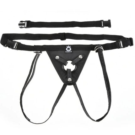 Black leather king cock fit rite harness with adjustable straps metal hardware and central circular ring for attachment