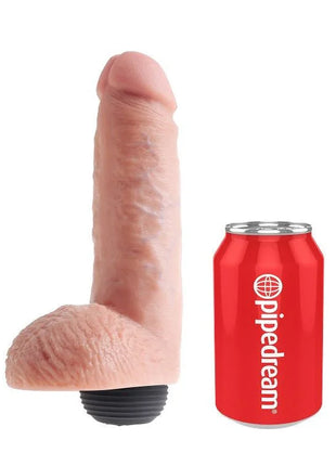 Pink silikon dildo mit schwarzer basis neben rotem pipedream can im produkt king cock realistischer natürlicher ejakulator penis 20,32 cm
