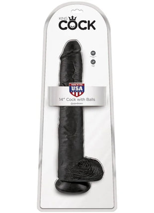 Schwarzer 14 zoll realistischer penis mit eiern verpackt in king cock displaykarte aus kunststoff und karton