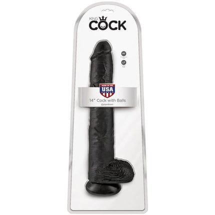 Schwarzer 14 zoll realistischer penis mit eiern verpackt in king cock displaykarte aus kunststoff und karton