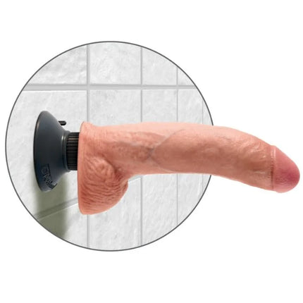 Pink silikon vibratordildo mit hoden 23 cm natur und schwarzer saugfußbasis von king cock