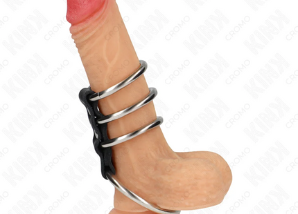 KINK - 4 METALL PENISRINGE 3,7 CM BIS 5 CM DURCH LEDER VERBUNDEN