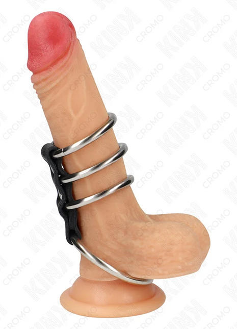 KINK - 4 METALL PENISRINGE 3,7 CM BIS 5 CM DURCH LEDER VERBUNDEN