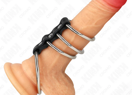 KINK - 4 METALL PENISRINGE 3,7 CM BIS 5 CM DURCH LEDER VERBUNDEN