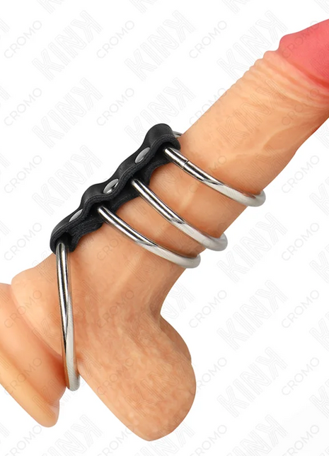 KINK - 4 METALL PENISRINGE 3,7 CM BIS 5 CM DURCH LEDER VERBUNDEN