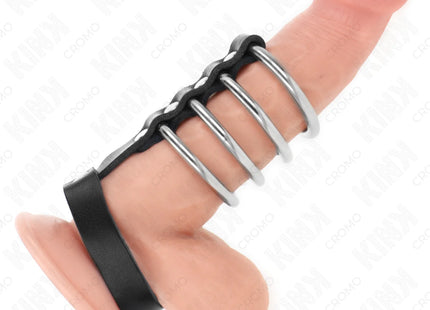 KINK - 4 METALL PENISRINGE 3,8 CM VERBUNDEN MIT LEDERBAND 22 X 1,5 CM UND DRUCKVERSCHLUSS