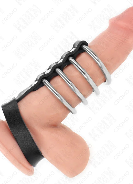 KINK - 4 METALL PENISRINGE 3,8 CM VERBUNDEN MIT LEDERBAND 22 X 1,5 CM UND DRUCKVERSCHLUSS