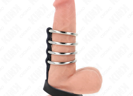 KINK - 4 METALL PENISRINGE 3,8 CM VERBUNDEN MIT LEDERBAND 22 X 1,5 CM UND DRUCKVERSCHLUSS