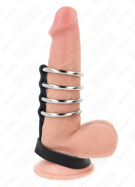 KINK - 4 METALL PENISRINGE 3,8 CM VERBUNDEN MIT LEDERBAND 22 X 1,5 CM UND DRUCKVERSCHLUSS