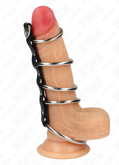 KINK - 5 METALL PENISRINGE 3,2 CM BIS 5 CM DURCH LEDER VERBUNDEN