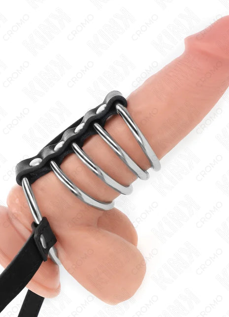 KINK - 5 PENISRINGE 3,8 CM BIS 5 CM METALL MIT LEDERGURT 112 CM