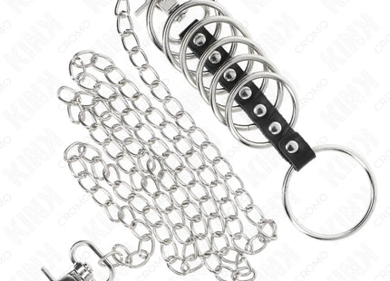 KINK - 7 PENISRINGE AUS METALL 3,8 CM BIS 5 CM VERBUNDEN MIT LEDER UND METALLKETTE 100 CM