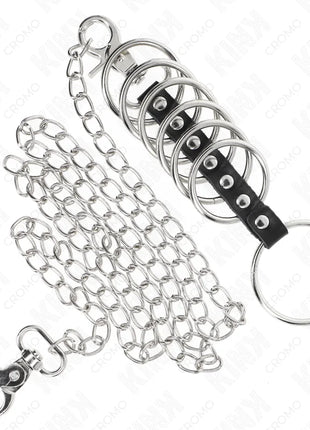 KINK - 7 PENISRINGE AUS METALL 3,8 CM BIS 5 CM VERBUNDEN MIT LEDER UND METALLKETTE 100 CM