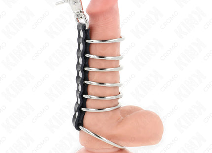 KINK - 7 PENISRINGE AUS METALL 3,8 CM BIS 5 CM VERBUNDEN MIT LEDER UND METALLKETTE 100 CM