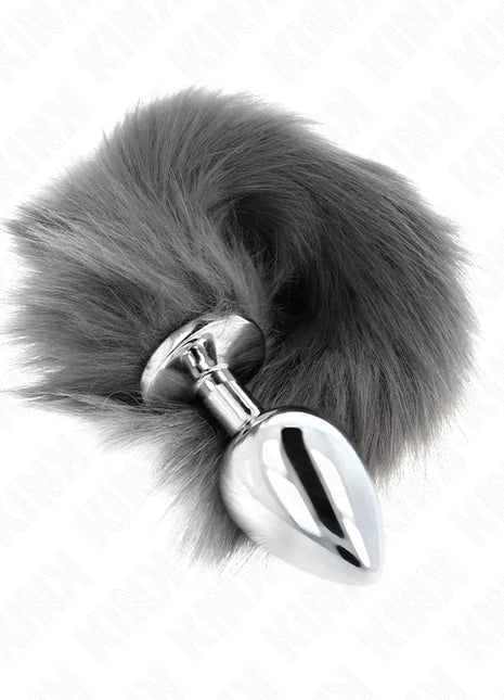 KINK - ANAL PLUG GRÖSSE L 10 X 4 CM MIT KUNSTSTOFFSCHWANZ 40 CM GRAU UND WEISS