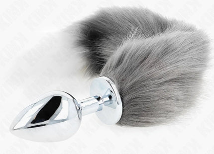 KINK - ANAL PLUG GRÖSSE L 10 X 4 CM MIT KUNSTSTOFFSCHWANZ 40 CM GRAU UND WEISS