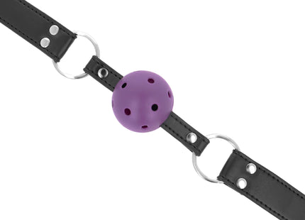 KINK - ATMUNGSAKTIVER BALL 4 CM KNEBEL MIT DOPPELNIET LILA 62,5 x 2,5 CM VERSTELLBAR 42-58 CM