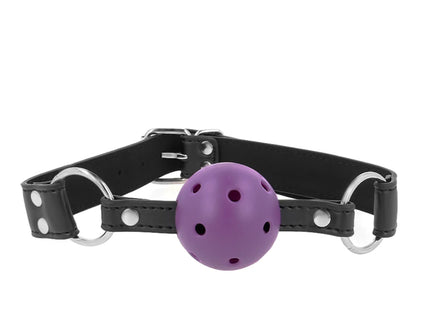 KINK - ATMUNGSAKTIVER BALL 4 CM KNEBEL MIT DOPPELNIET LILA 62,5 x 2,5 CM VERSTELLBAR 42-58 CM