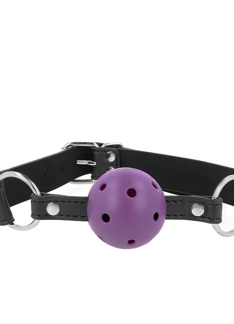 KINK - ATMUNGSAKTIVER BALL 4 CM KNEBEL MIT DOPPELNIET LILA 62,5 x 2,5 CM VERSTELLBAR 42-58 CM