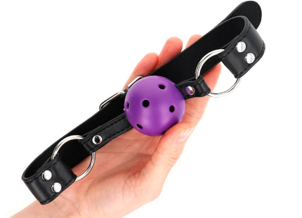 KINK - ATMUNGSAKTIVER BALL 4 CM KNEBEL MIT DOPPELNIET LILA 62,5 x 2,5 CM VERSTELLBAR 42-58 CM