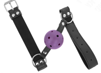 KINK - ATMUNGSAKTIVER BALL 4 CM KNEBEL MIT DOPPELNIET LILA 62,5 x 2,5 CM VERSTELLBAR 42-58 CM