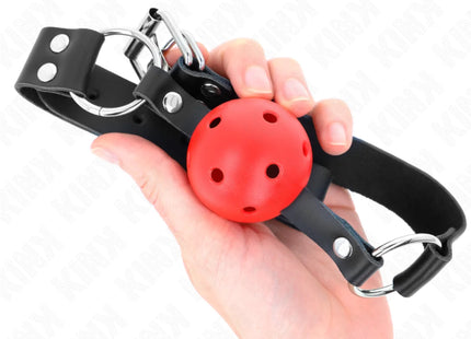 KINK - ATMUNGSAKTIVER BALL 4 CM KNEBEL MIT DOPPELNIET ROT 62,5 x 2,5 CM VERSTELLBAR 42-58 CM